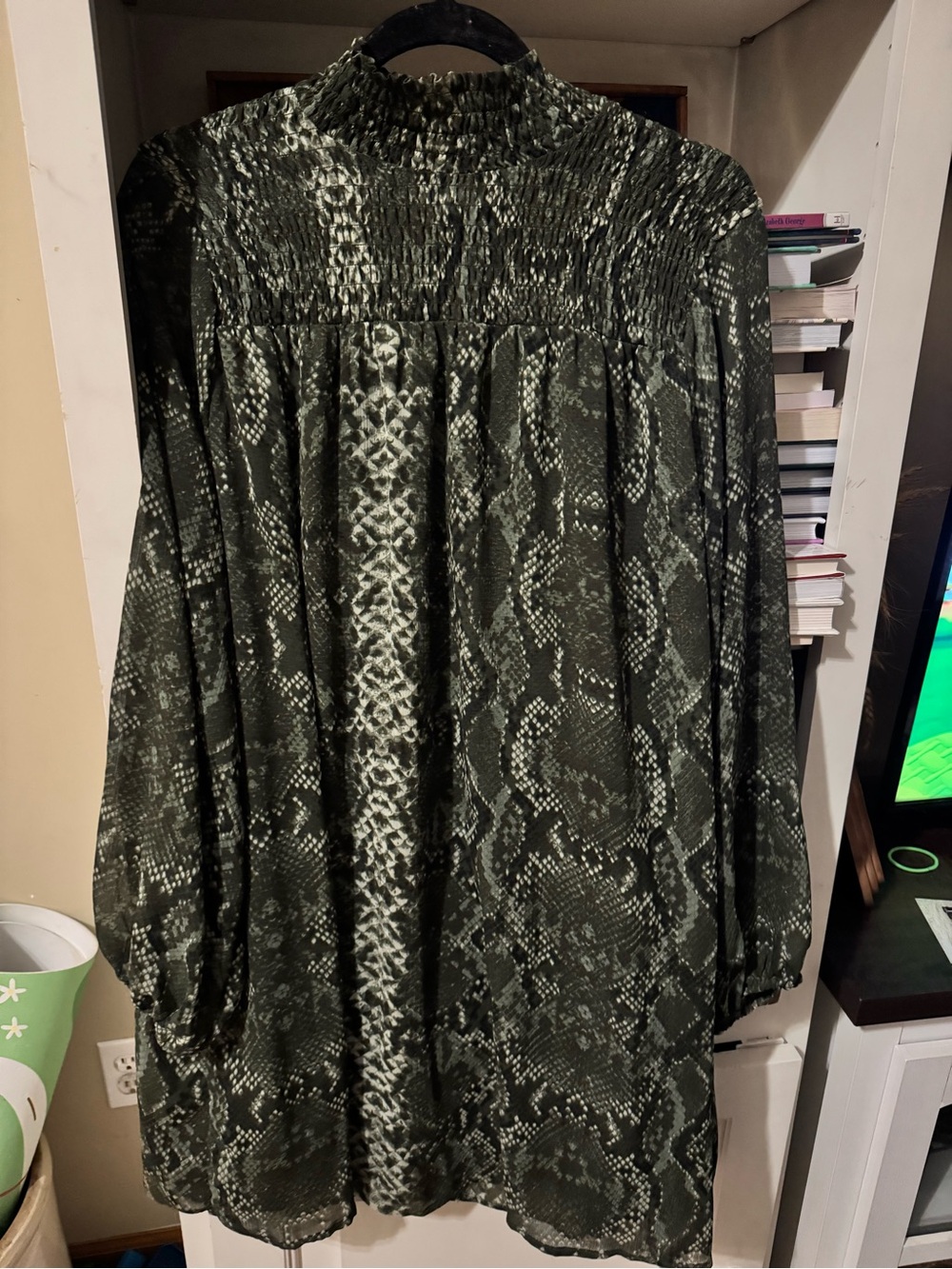 H&M Olive Green Snake-Print Smocked Neck Dress